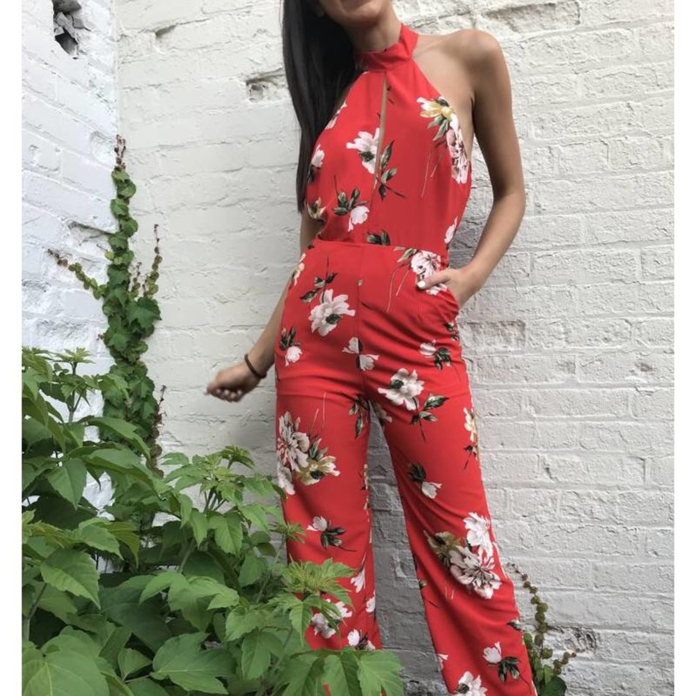 NWT red floral halter jumpsuit from Dottie Couture